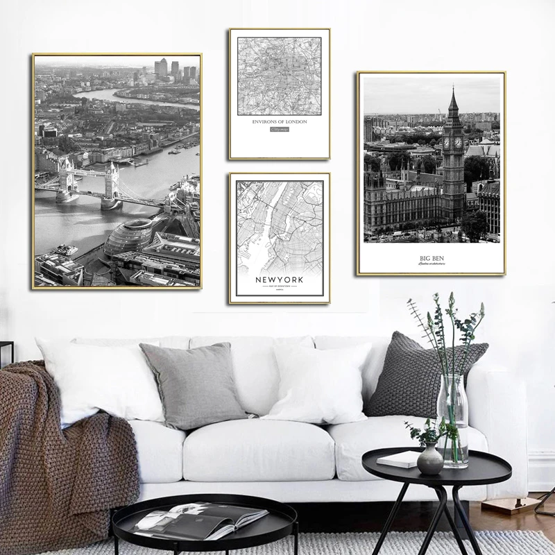 Современный черно белый плакат Нью Йорк карта Лондона Парижа для гостиной