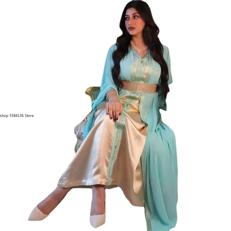 

Two Pieces Abaya Set Vest Long Dress with Chiffon Kimono Eid Muslim Dubai Jalabiya Moroccan Caftan Arabic Women Clothing 2022