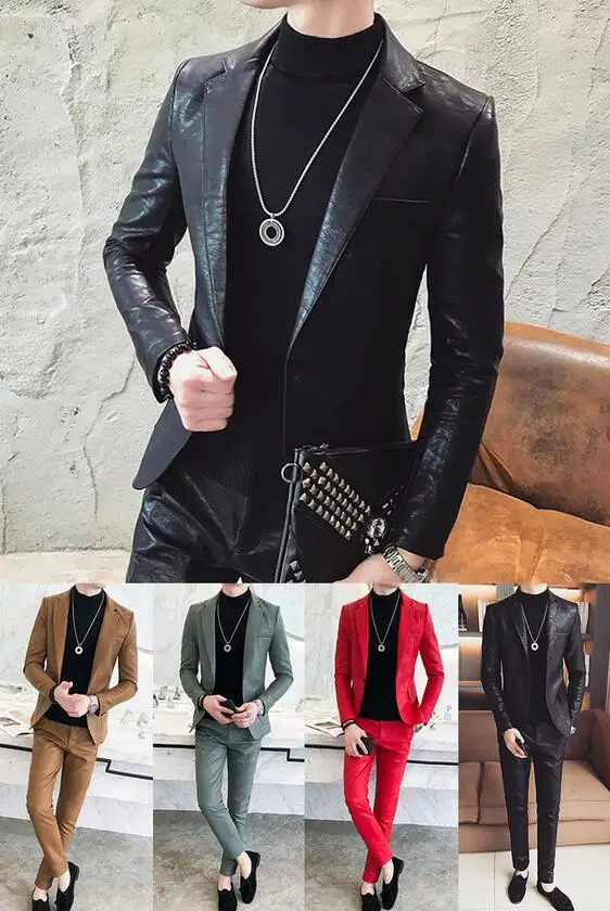 

New PU Men Men's 2021 Two-piece Blazer and pant Male Leather Suit Set