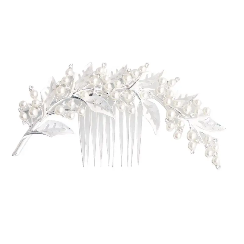 Серебристый Metallic Hollow Out Leaves Wedding Hair Comb Imitation Pearl Rhinestone Bridal Prom Party Ponytail Veil Holder Hairpin Accessory - Цвет: Серебристый