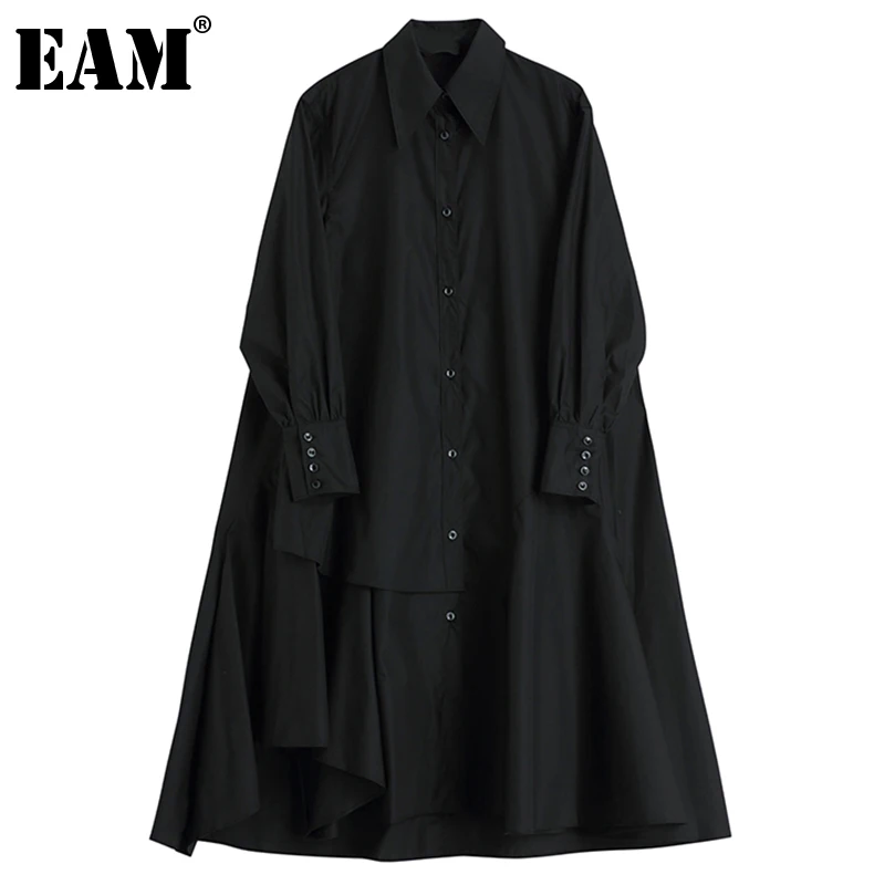 Женское платье с отложным воротником EAM черное свободное большого размера