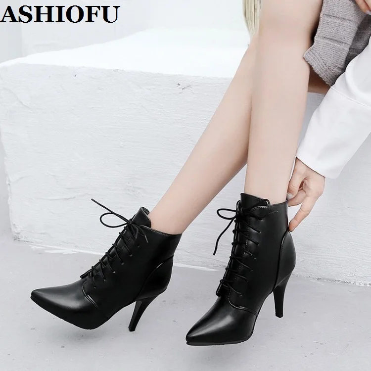 

ASHIOFU 2020 New Handmade Women's High Heels Boots Patent Leather Party Prom Ankle Booties Crisscross Sexy Evening Short Boots