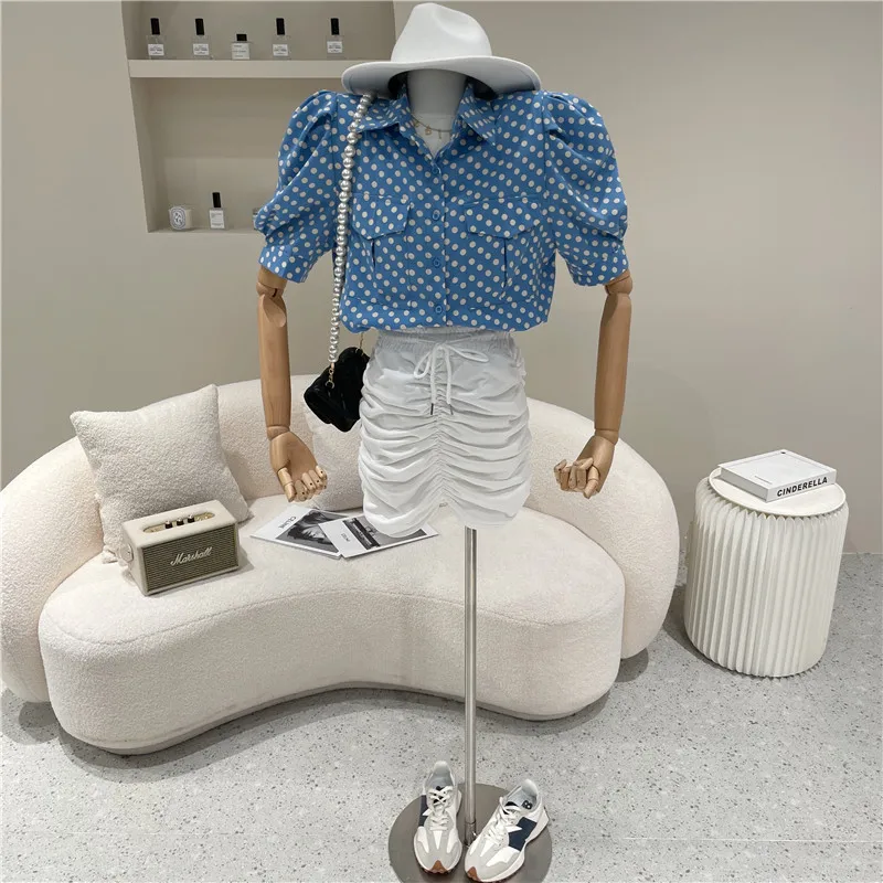 

Women's Spring Summer 2021 Fashion Loose Casual Niche Design Bubble Sleeve Breasted Top Retro Polka Dot Short Sleeve Shirt