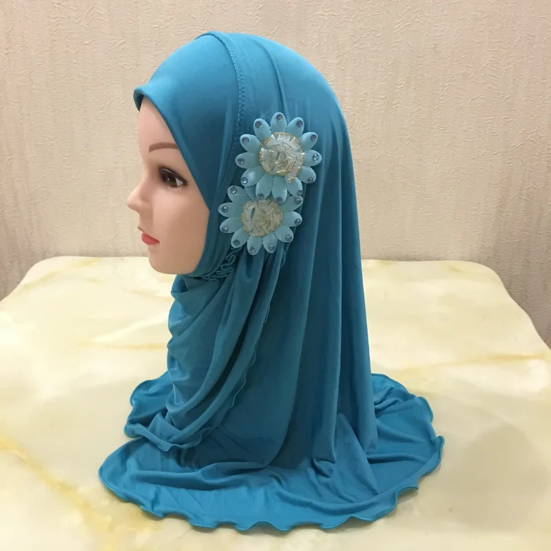 Muslim Girls Hijab Scarf with Flower Appliques Islamic Kids Plain Turban Head Wrap Shawls Elastic Kid Burqa for 2-7 Years Old |