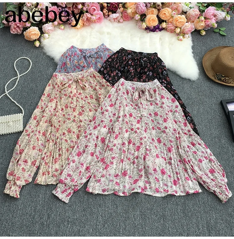 

Женская винтажная рубашка с воротником-стойкой, Повседневная Свободная плиссированная рубашка с длинным рукавом, завязкой бантом и высоко...