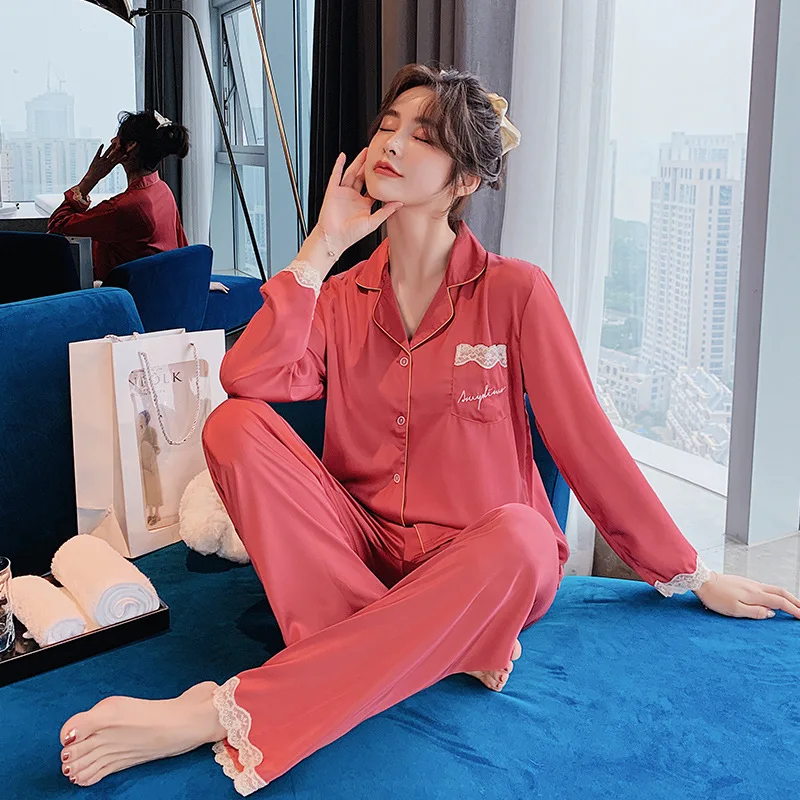 Satin Soft Touch Lace Sexy Pajama Set Women's Summer Long Sleeve Suit Pyjamas