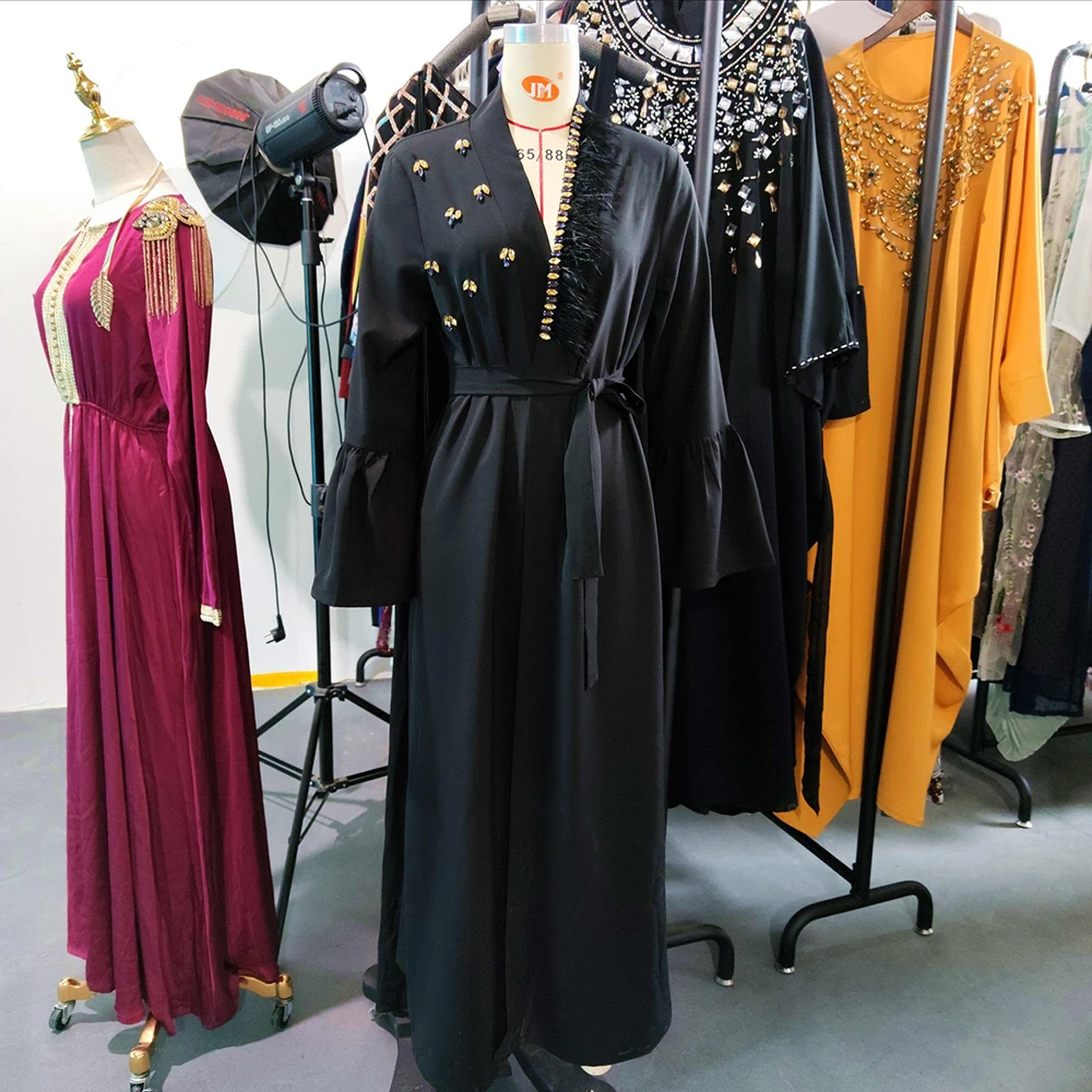 Женское кимоно-кардиган с черными бриллиантами Abaya, хиджаб, мусульманское платье, одежда в турецком стиле
