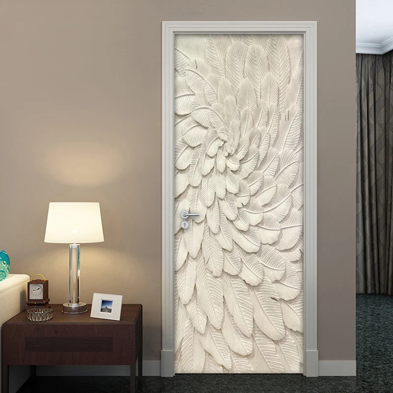 

3D Door Sticker Stereoscopic Embossed Beige Leaves Decoration Wall Mural Creative DIY Self-Adhesive Living Room Door Wallpaper