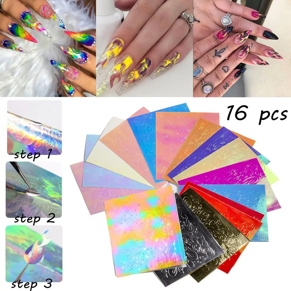 16pcs 16 штук наклейка с пламенем наклейки для ногтей отражающая лента клейкая пленка для украшения своими руками светоотражающие наклейки на ногти - Цвет: 16pcs