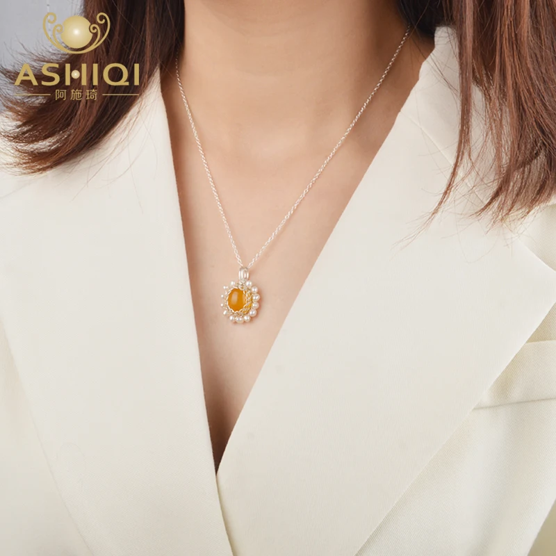 Натуральный пресноводный жемчуг ASHIQI Агатовая подвеска на ожерелье из серебра 925