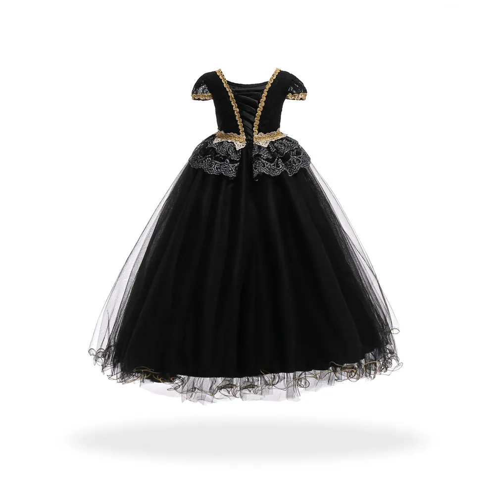 Free Shipping Full Lenght Children Party Dress 2021 New Arrival Black Girl Dresses Pageant Lace Applique Gold Kids Evening Gowns |