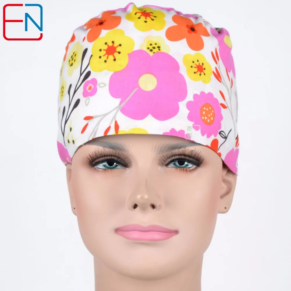 

women sscrub caps in white with flowers,100% cotton nurse cap