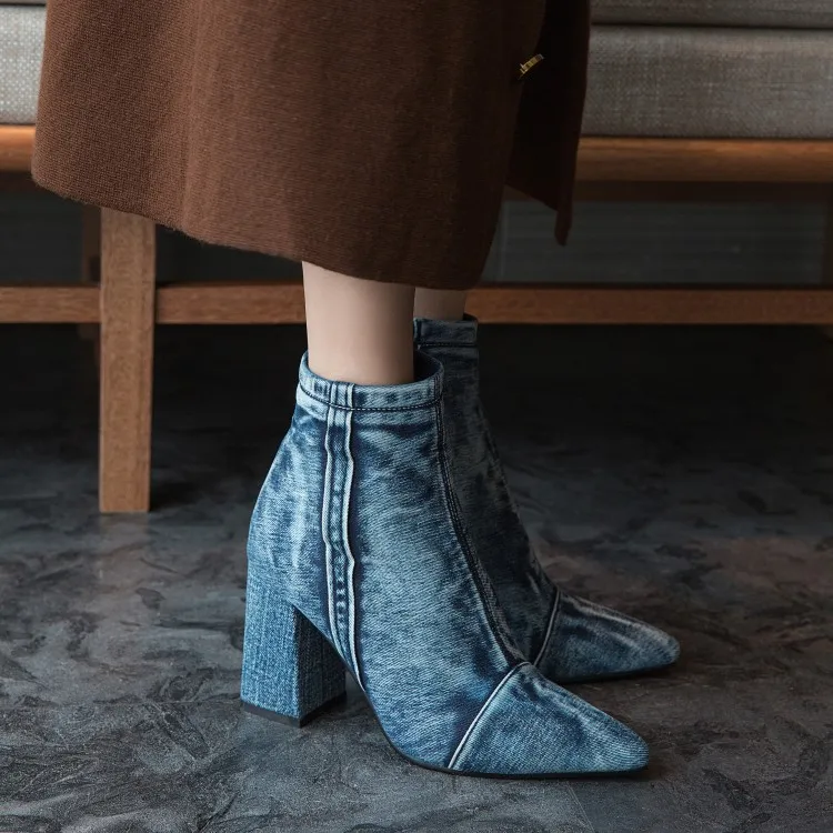 Ankle Boots Womens Denim Jeans Over The Knee Thigh& Ankle Boots Stilettos High Heel Pointed Toe Side Zipper Shoes Punk Motorcycle New - Цвет: Ankle Boots