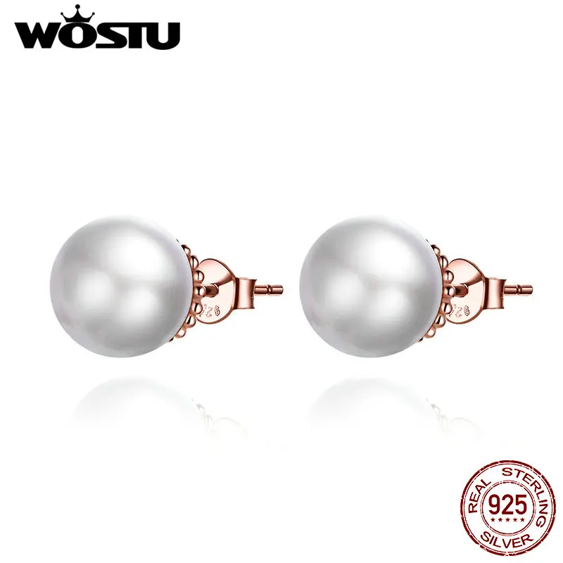 WOSTU серьги-гвоздики из розового золота с пресноводным жемчугом 925 пробы серебряные маленькие серьги для женщин Свадебные Роскошные ювелирные изделия CQE609