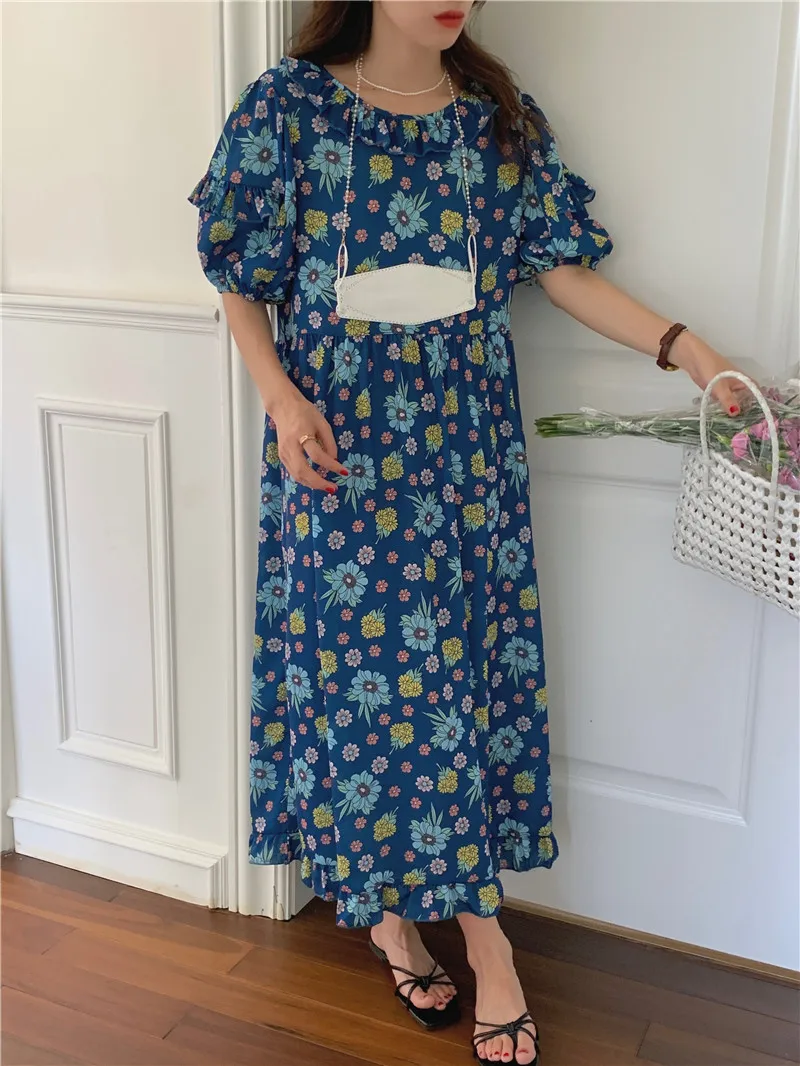 

Women Summer Casual Loose Print A-line Maxi Dress Vintage Ruffles Peter Pan Collar Fashion Chic Korean Elegant Dress Vestidos