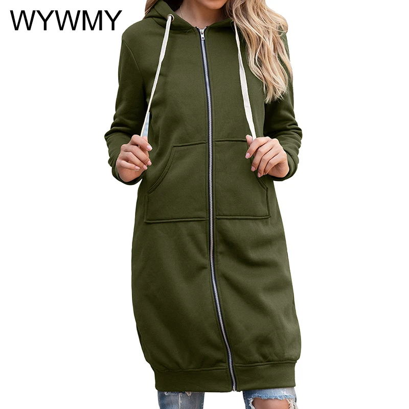 

WYWMY Autumn Winter Thick Hoodies Women Leisure Loose Hooded Jackets Zipper Pockets Plus Size Sweatshirts Sports Dresses Outwear