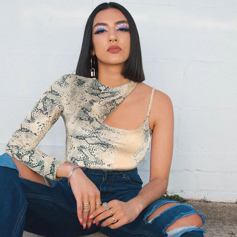 Женский топ с принтом змеиной кожи облегающая футболка длинным рукавом и