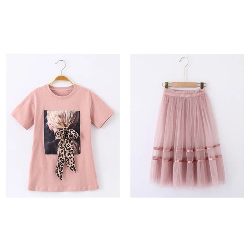 

Children Clothing Set Long Style Shirts Mesh Skirt 2pcs Girls Summer Clothes Leopard Bow Fashion Toddler Teens Kids Costume