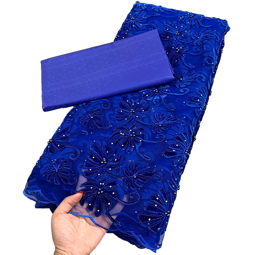 Красивое Африканское Сетчатое кружево с камнем Королевский синий бархат