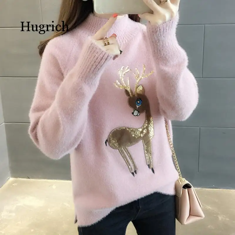 

Cute Sweater Korean Reindeer Ugly Christmas Sweater Women Winter Warm Sweaters Fluffy Cashmere Jumper Turtleneck Pullover 2020