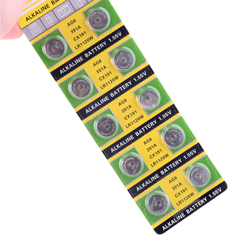 

YCDC 10pcs/pack AG8 LR1120 391 SR1120 button battery 191 LR55 Cell Coin Alkaline Battery 1.55V LR1120W For Watch Toys Remote