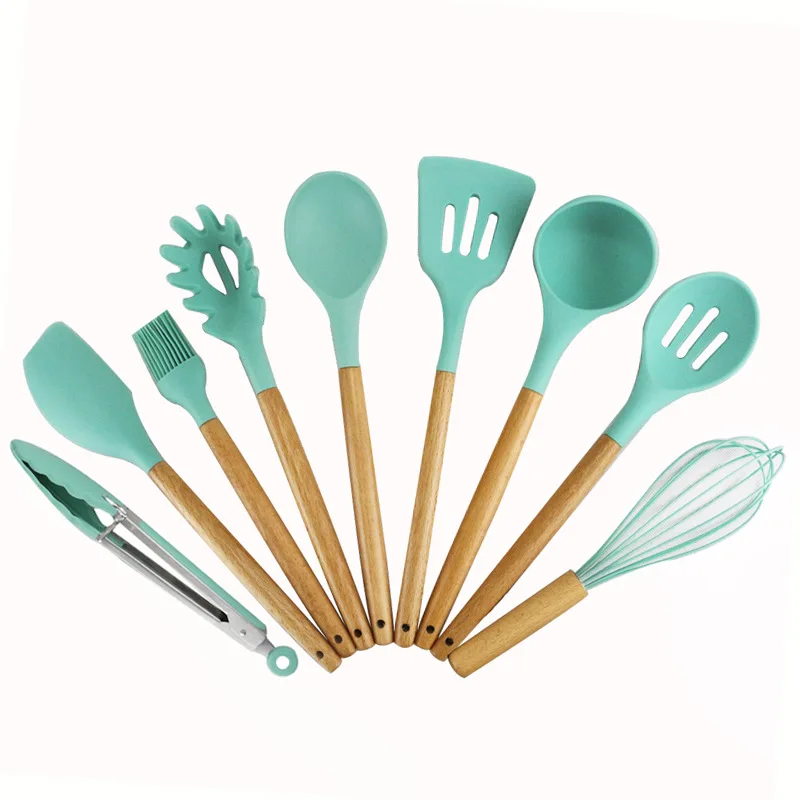 

9pcs/sets Silicone cooking tool sets Wooden Handle Kitchen Tools Set Non-stick Spatula Soup Spoon Brush Heat-resistant Design