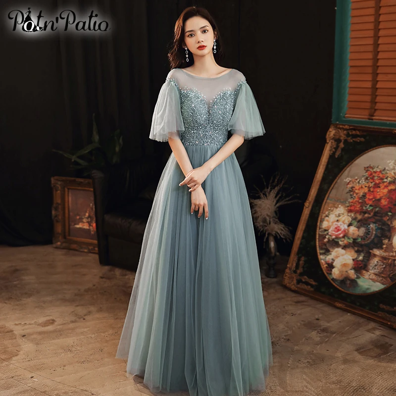 

Women Evening Dresses With Luxury Handmade Sequins Beads Elegant O-neck A-line Floor-length Backless Long Tulle Graduation Party