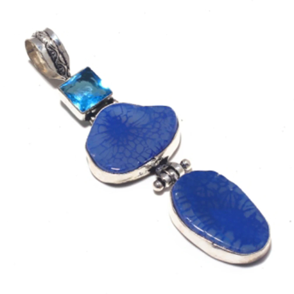 

Genuine Solar Agate + Blue Topaz Pendant Silver Overlay over Copper, Hand made Women Jewelry gift , P8788