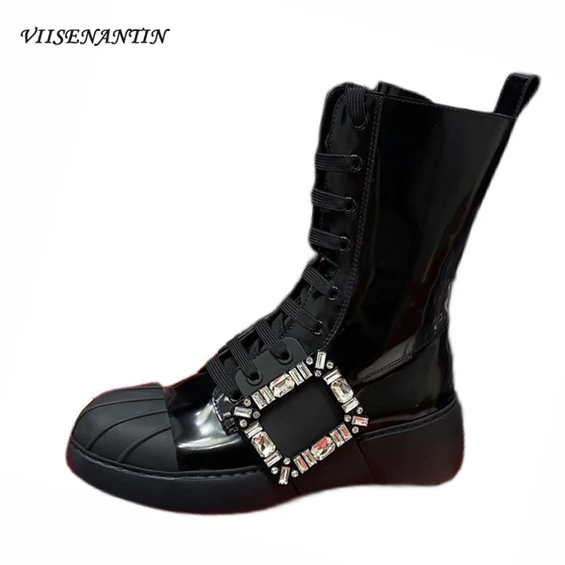 

Высококачественные полуботинки Стразы с квадратной пряжкой с закрытым носком полуботинки мартинсы из натуральной кожи на толстой подошве ...