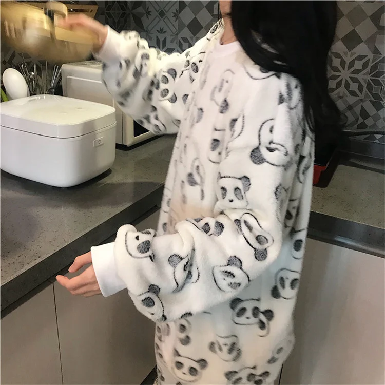 Утепленный бархатный Пижамный костюм с мультяшной милой пандой кораллового