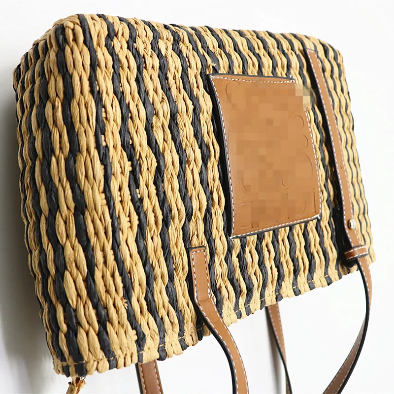 

New Fashion Bohemian Style Straw Woven Shoulder Bags PU Leather Splice Straw Woman Handbags Large Paper Rope Woven Ladies Bags
