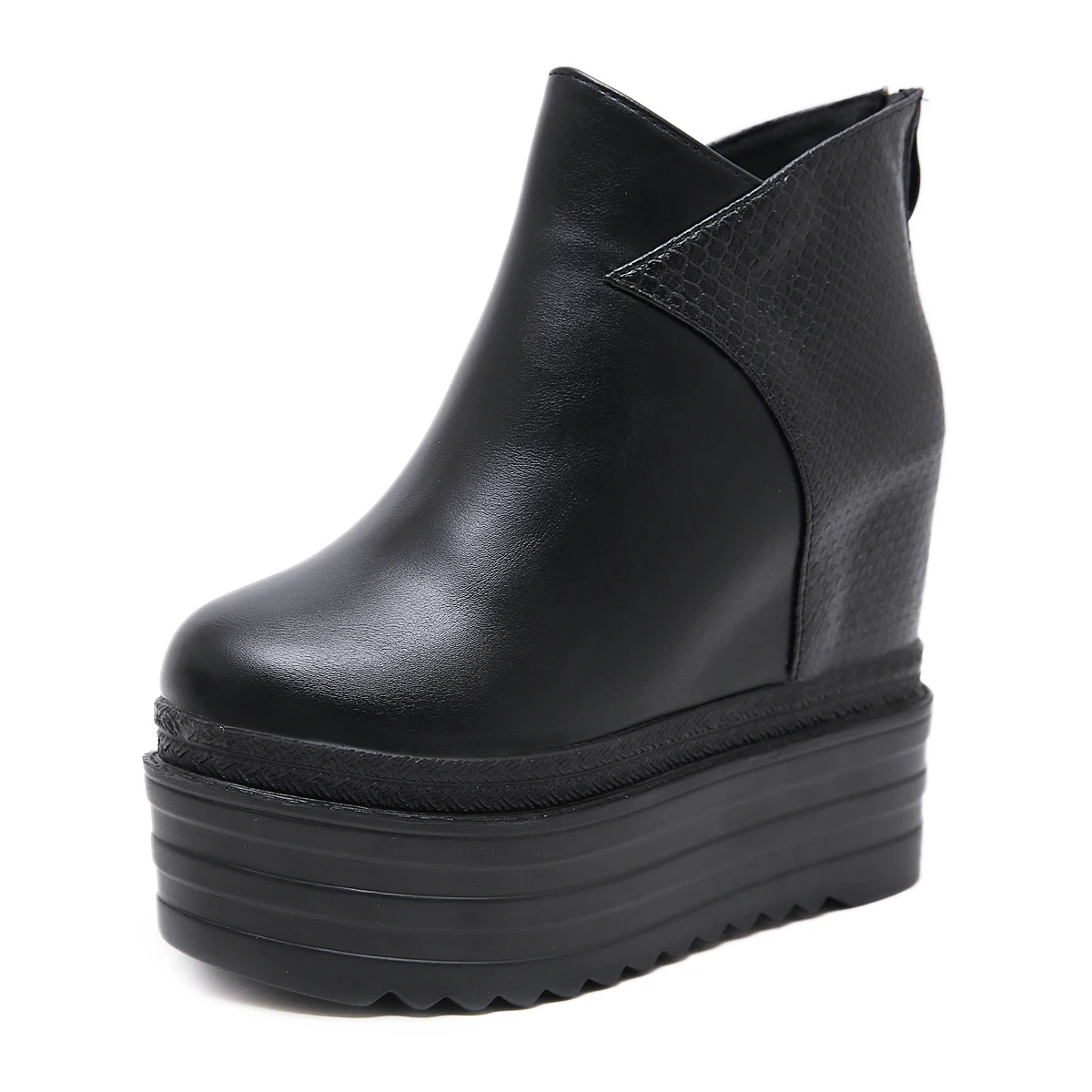 

New Zipper Round Toe Boots Fashion Wedge Heel Platform Boots Women