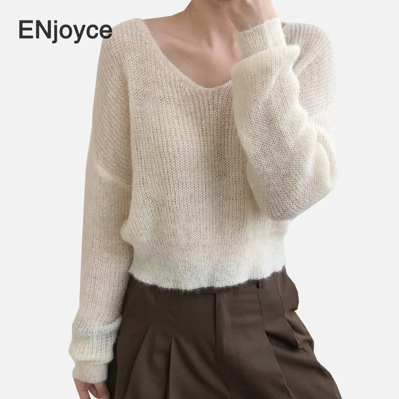 

Autumn Fashion Mohair V-Neck Slim Long Sleeve Pullovers Sweater Women 2020 Korean Style Clothes Sexy Knitted Croped Tops