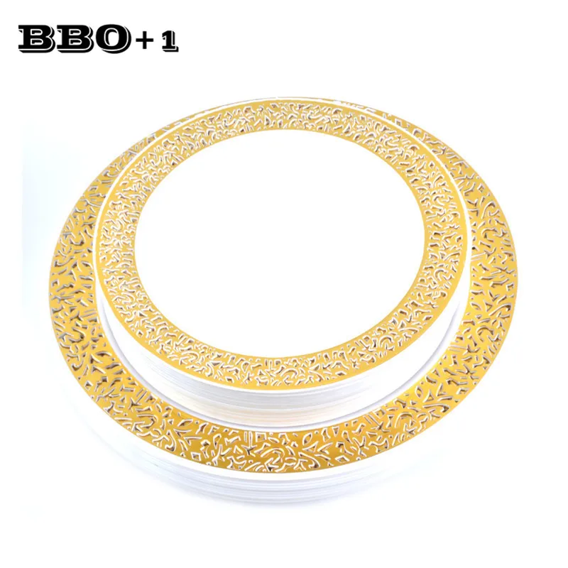 

25pcs Rose Golden Disposable Plastic Dishes Lace Design Wedding Party Plates Gold Tableware set Knife Fork Spoon Food-grade Dish