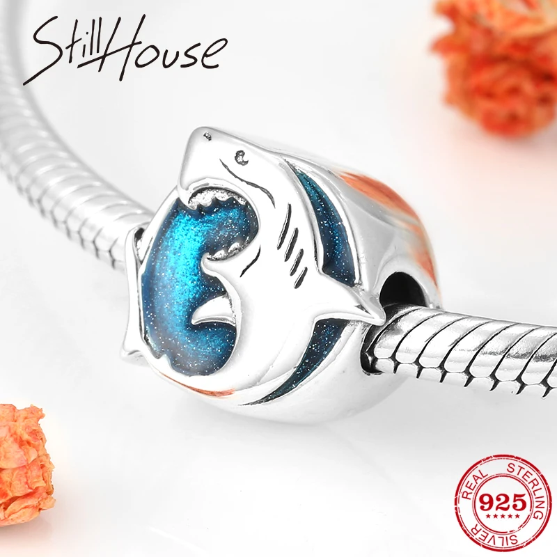 Горячая Распродажа шарма океана 925 пробы серебро Акула синие эмалированные