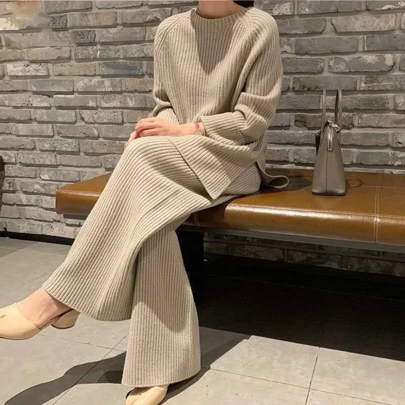 

Autumn New Knitted Sweater Two Piece Set Women O-neck Loose Long Sleeve Jumper Tops & Solid Wide Leg Pants Suit Winter Outfits