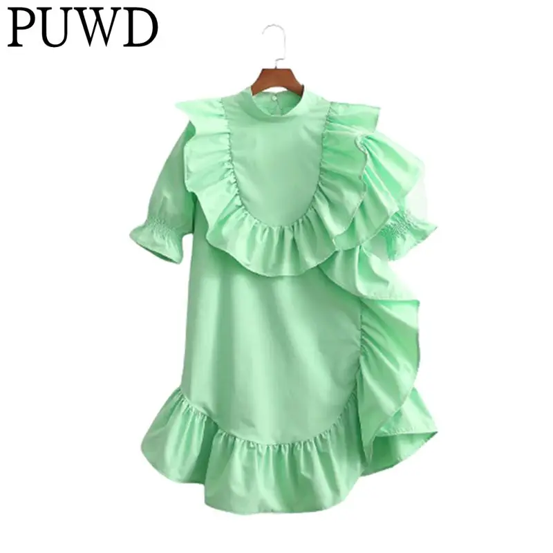 

PUWD Women Elegant Green Midi Dress 2022 Spring Fahion Ladies Solid Color Short Sleeves Dresses Folds Vintage Female Dress