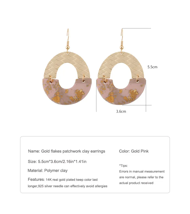 Полукруглые Лоскутные серьги ручной работы из полимерной глины золотого цвета с