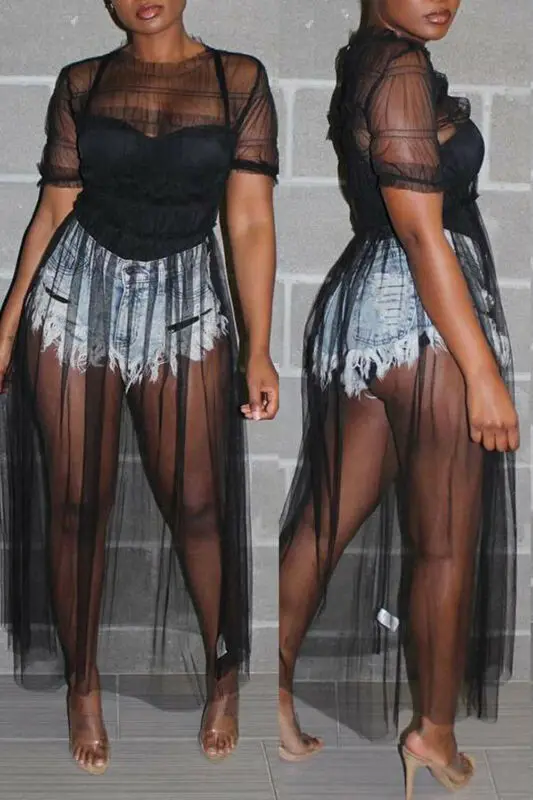 Женское осеннее свободное однотонное платье миди из сетчатой ткани Прозрачное