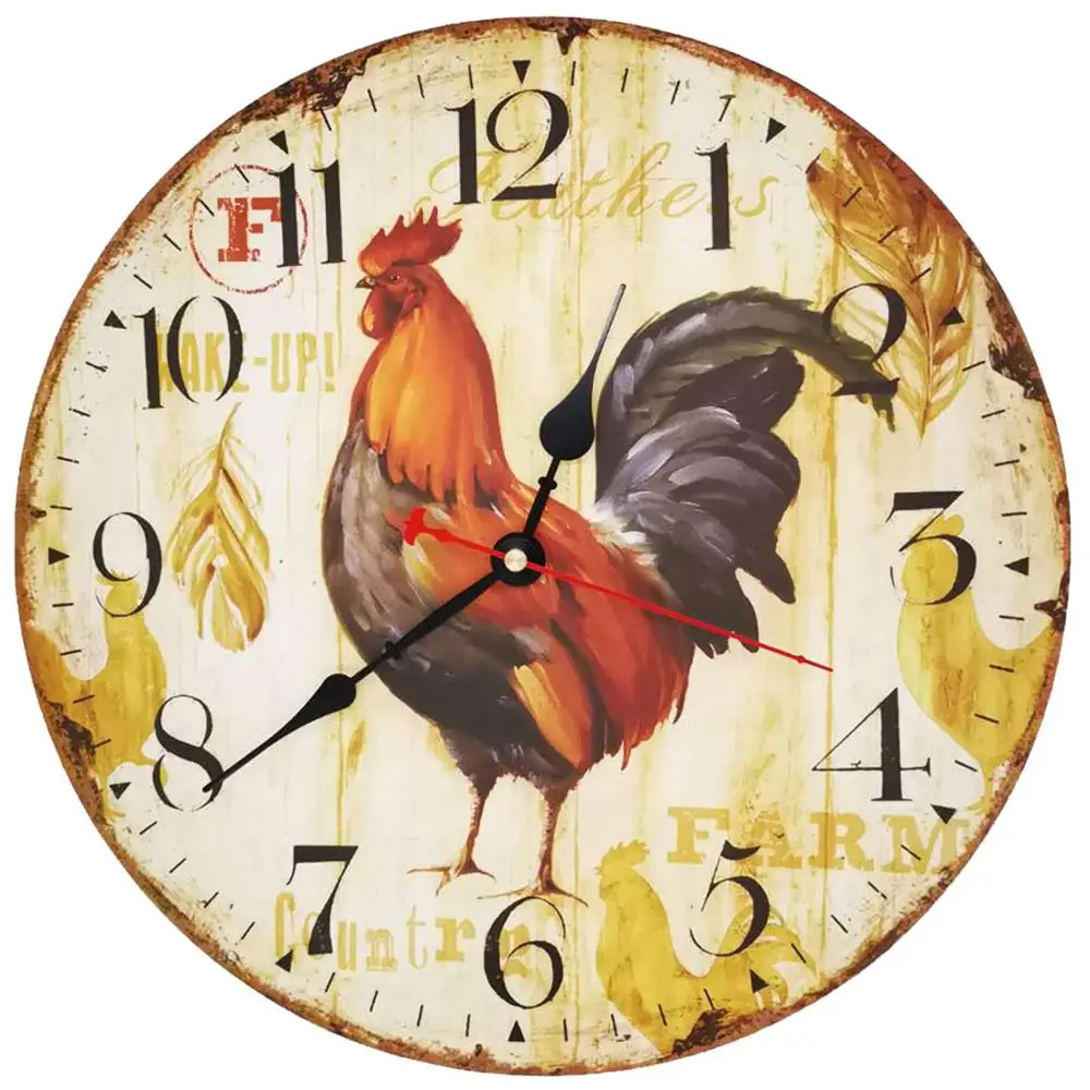 Ретро деревянный настенный Clock 34cm петух кварцевый тихий большой винтажный