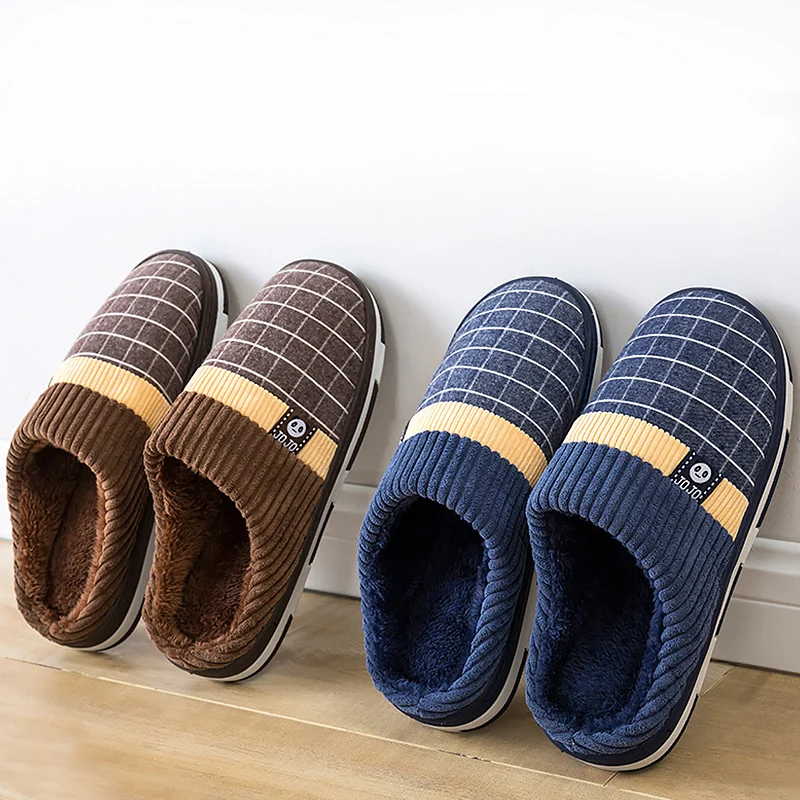 

2020 Men Slippers New Warm Men's Slippers Short Plush Flock Home Slippers for Men Hard-wearing Non-slip Sewing Soft Male Shoes