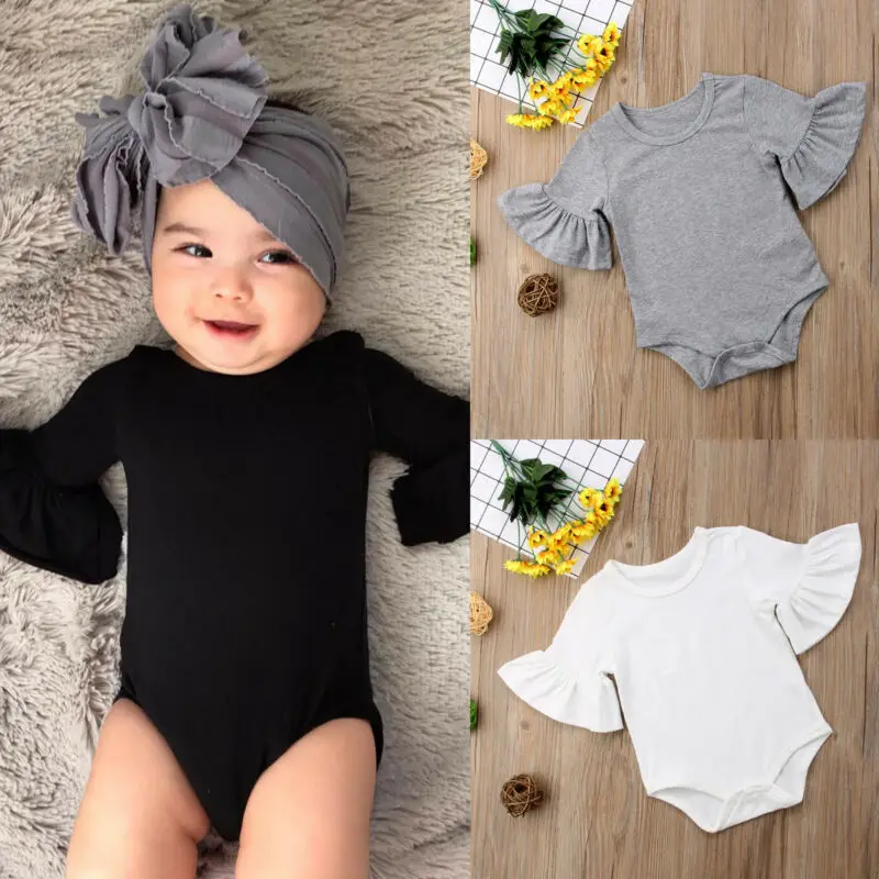 Newborn Infant Baby Girl Clothes Cotton Solid Flared Sleeve Bodysuits Jumpsuit Sunsuit Outfits