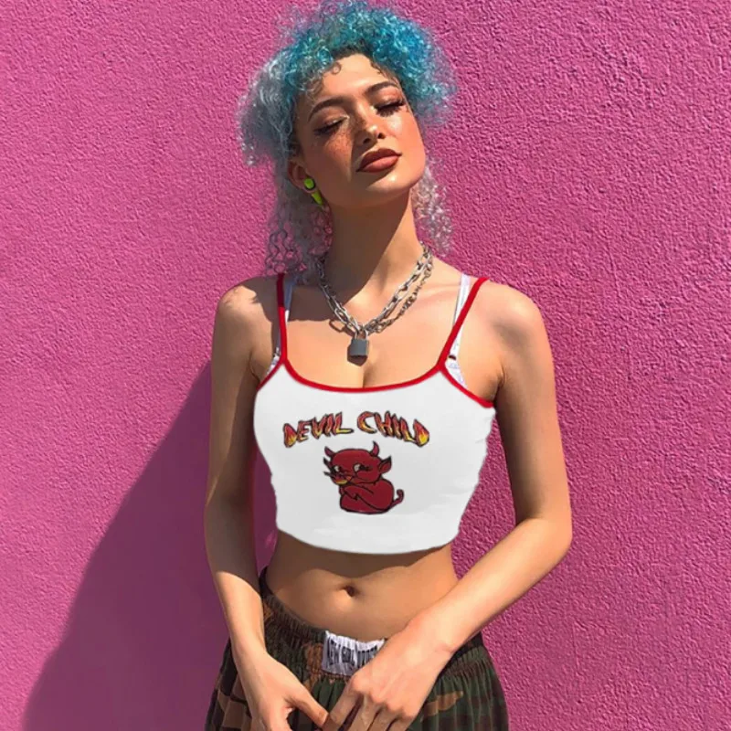 Кроп-Топ женский с принтом дьявола повседневный Модный облегающий топ открытой