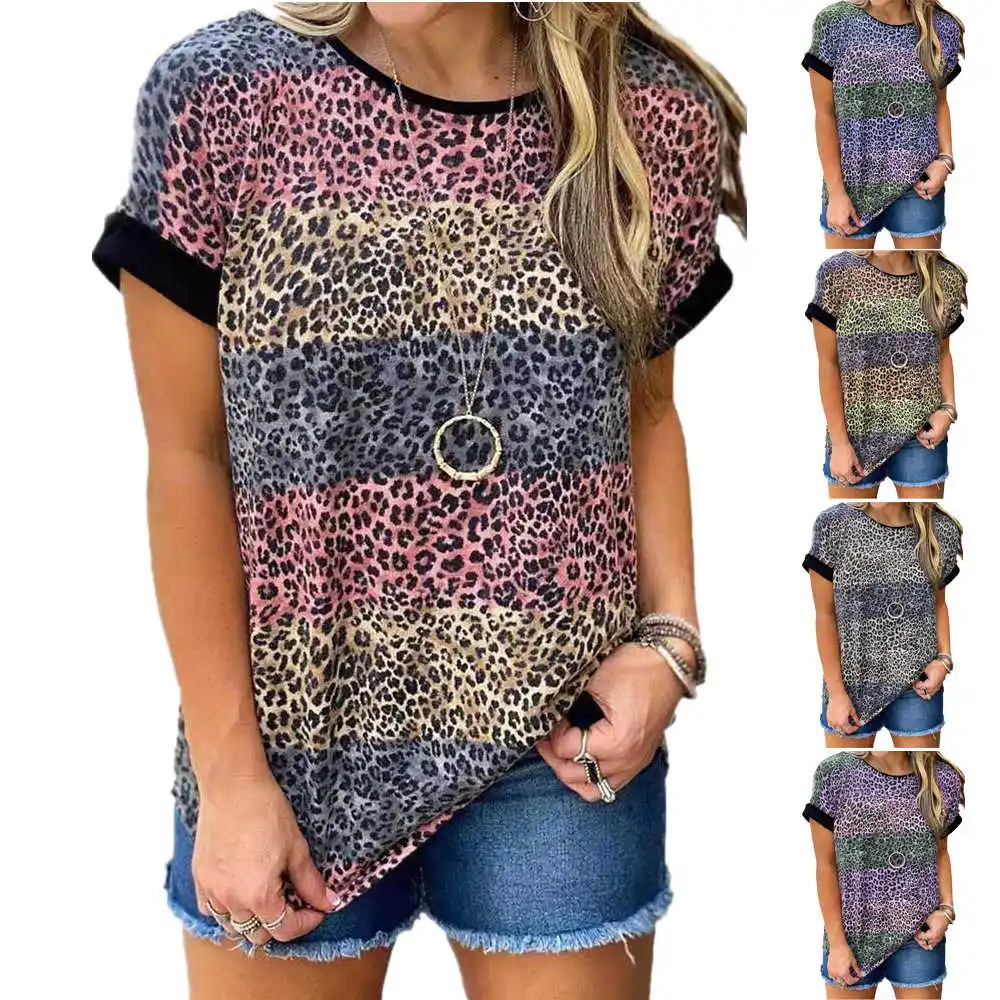 

2021 летний топ Новая женская леопардовая расцветка Круглый воротник футболка с короткими рукавами и рисунком футболка одежда для женщин раз...