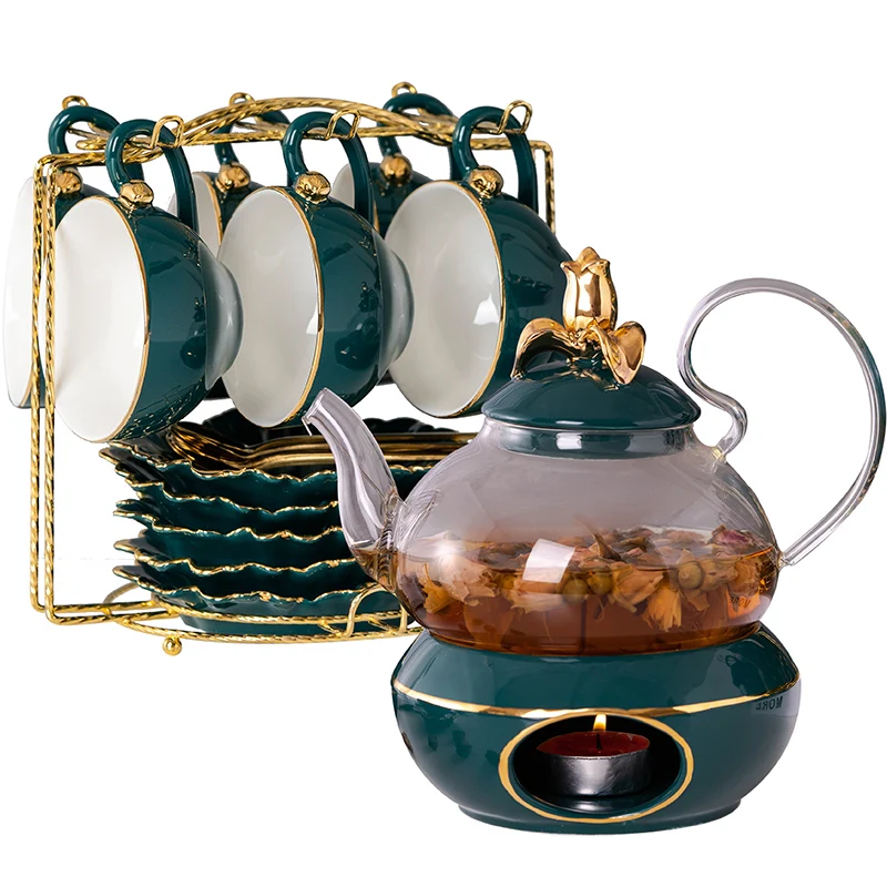 

New 600ml Green Gold Glass teapot Ceramic Lid Base Warm Candle Holder Tea Pot Cup And Saucer Fruit Juice Water Flower Kettle