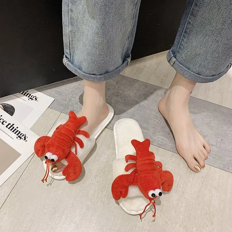 

Fur Shoes Ladies Slippers Flock Low Platform Luxury Slides Slipers Women Plush Flat Heel Crayfish Crab Pattern Womens Home Shoe