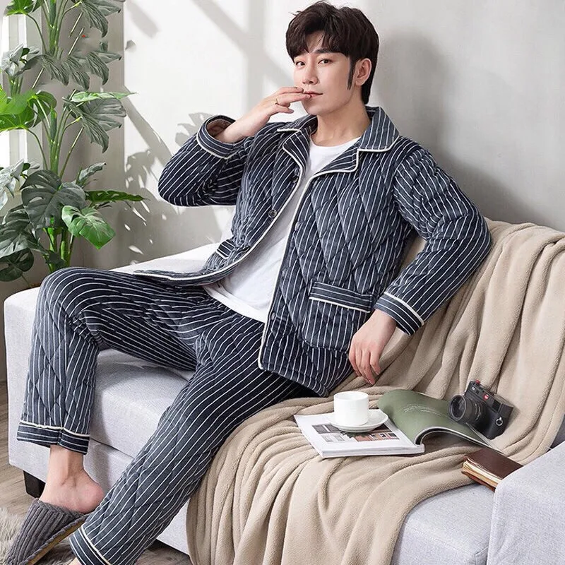 

L-3XL новинка зимние утепленные фланелевые пижамные комплекты для мужчин топы с длинным рукавом + брюки Мужская одежда для сна