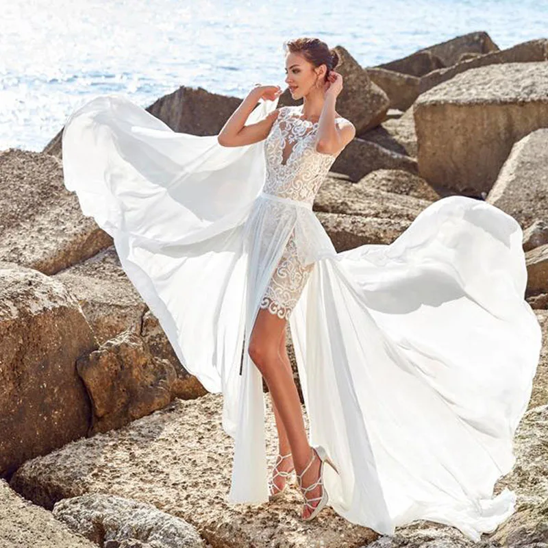 

Beach Short Wedding Dresses Detachable Train Vintage 2 IN 1 Lace Appliqued Knee-Length Simple Sleeveless Bridal Gowns Robe Dress