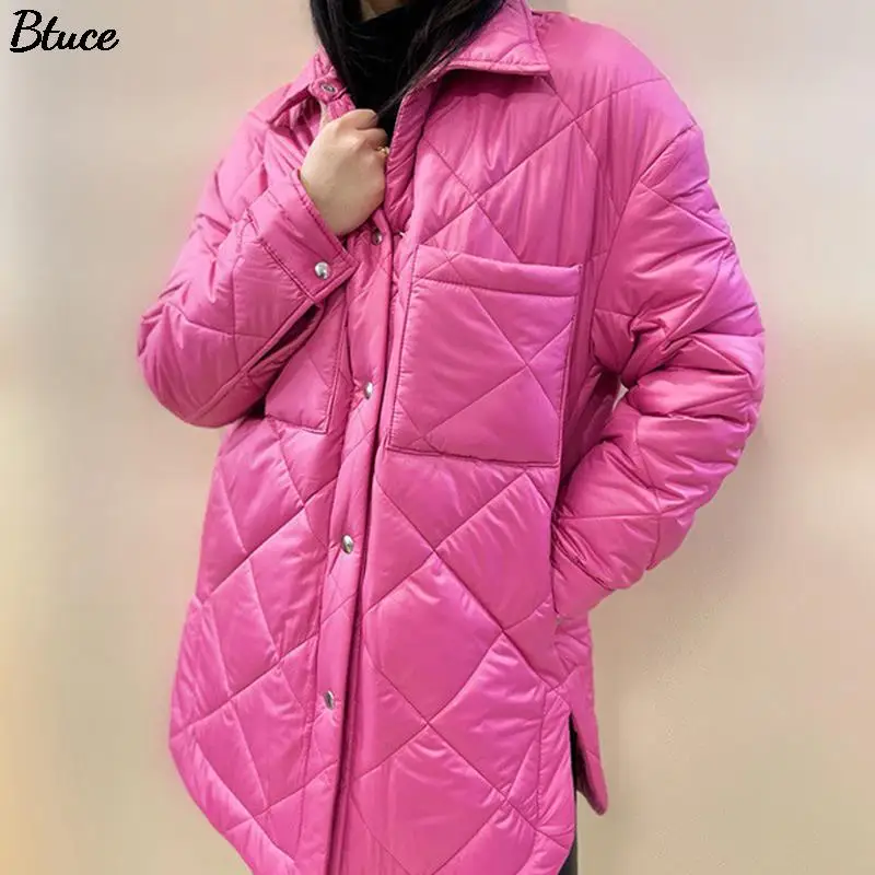 

Женские зимние однотонные парки на пуговицах спереди, Длинные парки с карманами и отложным воротником, свободная верхняя одежда в клетку с ...