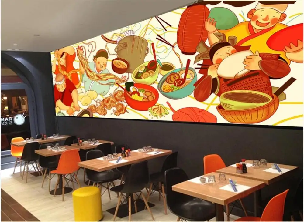 3D фотообои на заказ. Ручная роспись красочного японского ресторана рамен и закусочной. Декоративные настенные фрески для стен 3D.